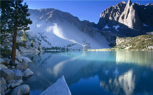 beautiful lake and mountains in sunlight