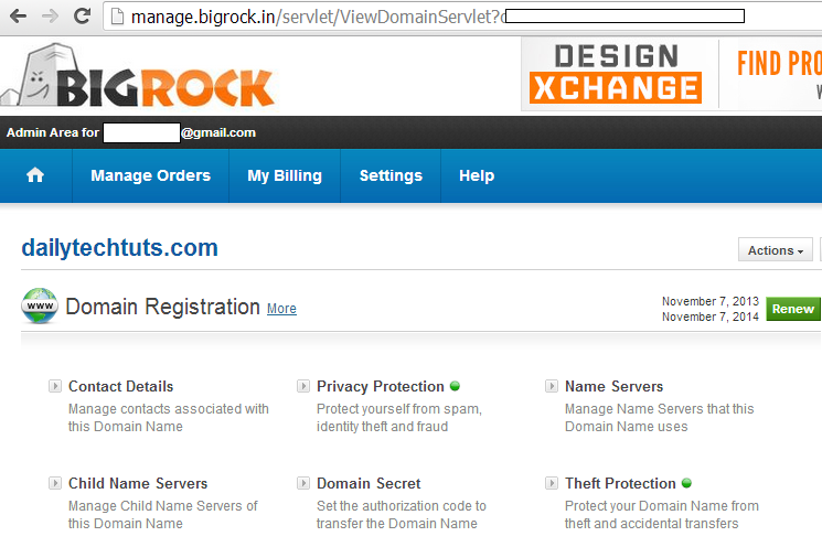 bigrock manage domain