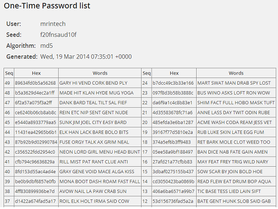 one time password list